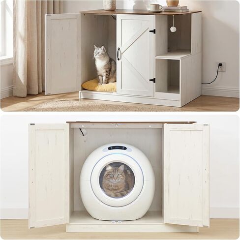 HOOBRO Farmhouse Cat Litter Box Enclosure, Automatic Cat Litter Box Cabinet with Charging Station, Hidden Cat Furniture with Hanging Ball & Sisal Mat, Tabletop & Hook, White and Walnut WH88UMW01 in Kuwait