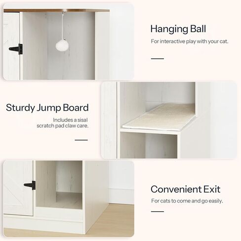 HOOBRO Farmhouse Cat Litter Box Enclosure, Automatic Cat Litter Box Cabinet with Charging Station, Hidden Cat Furniture with Hanging Ball & Sisal Mat, Tabletop & Hook, White and Walnut WH88UMW01 in Kuwait
