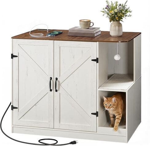 HOOBRO Farmhouse Cat Litter Box Enclosure, Automatic Cat Litter Box Cabinet with Charging Station, Hidden Cat Furniture with Hanging Ball & Sisal Mat, Tabletop & Hook, White and Walnut WH88UMW01 in Kuwait