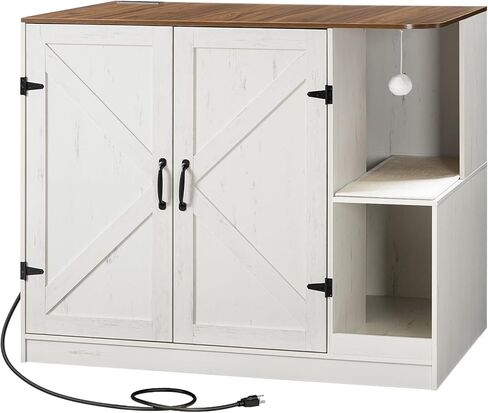 HOOBRO Farmhouse Cat Litter Box Enclosure, Automatic Cat Litter Box Cabinet with Charging Station, Hidden Cat Furniture with Hanging Ball & Sisal Mat, Tabletop & Hook, White and Walnut WH88UMW01 in Kuwait