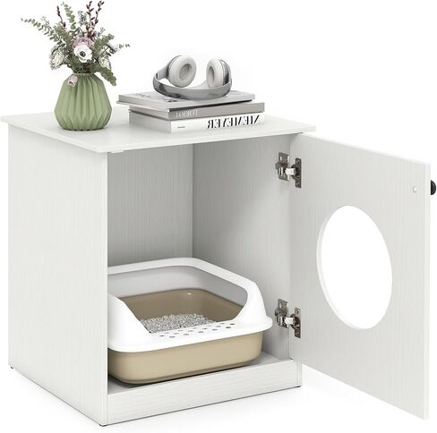 PETSITE White Cat Litter Box Enclosure, 3-in-1 Hidden Litter Box Furniture with Round Smooth Cat Hole, Wooden Litter Box Cabinet Side End Table Nightstand for Indoor Cats, 20 x 18.5 x 22 in in Kuwait