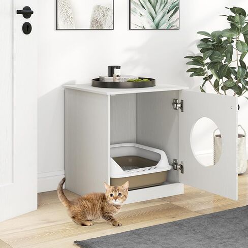PETSITE White Cat Litter Box Enclosure, 3-in-1 Hidden Litter Box Furniture with Round Smooth Cat Hole, Wooden Litter Box Cabinet Side End Table Nightstand for Indoor Cats, 20 x 18.5 x 22 in in Kuwait
