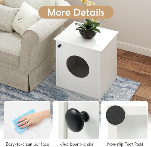 PETSITE White Cat Litter Box Enclosure, 3-in-1 Hidden Litter Box Furniture with Round Smooth Cat Hole, Wooden Litter Box Cabinet Side End Table Nightstand for Indoor Cats, 20 x 18.5 x 22 in in Kuwait