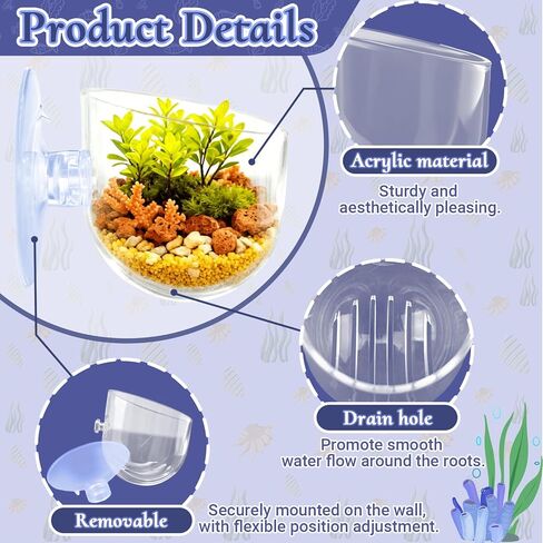 4 Pack Aquarium Plant Holder with Hole, Fish Tank Aquatic Plant Pot Cup with Large Suction Cup, Clear Acrylic Aquarium Planter for Fish Tank Aquascape Decorations in Kuwait