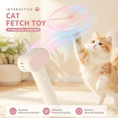 Cat Fetch Toy, One-Touch Automatic Launcher, Up to 20m Range, No Winding Needed, USB-C Rechargeable Flying Disc Toy, Interactive Cat Toy, Indoor Outdoor Use in Kuwait