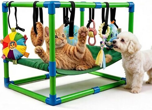 Puppy Play Gym with Hammock 8 Hanging Toys, Dog Jungle Gym Indoor Pets Cats Toys, Teething Chew Toys Puppy Gym Activities Center for Cats Adjustable Playground for Small Dogs at Home PVC Frame in Kuwait