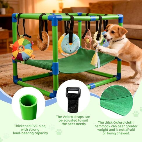 Puppy Play Gym with Hammock 8 Hanging Toys, Dog Jungle Gym Indoor Pets Cats Toys, Teething Chew Toys Puppy Gym Activities Center for Cats Adjustable Playground for Small Dogs at Home PVC Frame in Kuwait