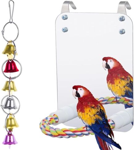 BOSREROY 7.9 Inch Bird Cage Mirror with Perch Stand Wind Bell Interactive Parrot Cage Toy for Parakeets Cockatoos Cockatiels Conures Lovebirds and Canaries in Kuwait