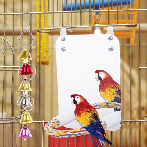 BOSREROY 7.9 Inch Bird Cage Mirror with Perch Stand Wind Bell Interactive Parrot Cage Toy for Parakeets Cockatoos Cockatiels Conures Lovebirds and Canaries in Kuwait