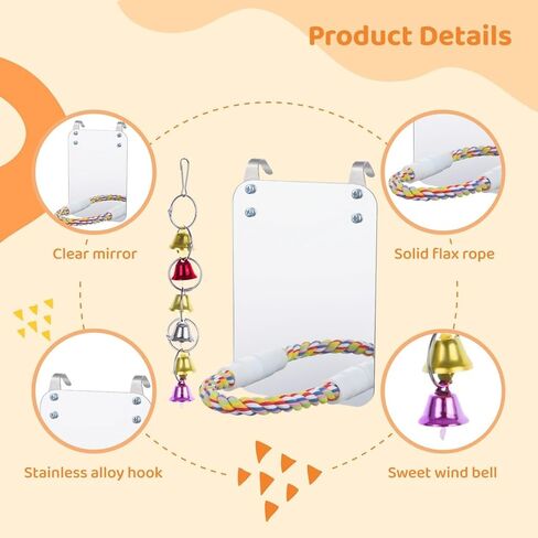 BOSREROY 7.9 Inch Bird Cage Mirror with Perch Stand Wind Bell Interactive Parrot Cage Toy for Parakeets Cockatoos Cockatiels Conures Lovebirds and Canaries in Kuwait