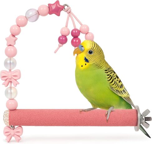 Bird Parrot Perch with Beads and Bow Chew Toy,Cage Platform Toy and Exercise Accessories for Budgies Parakeets Cockatiels Conures and Lovebirds (Pink) in Saudi Arabia