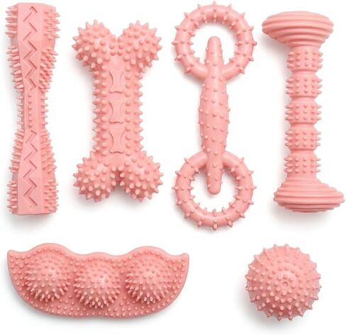 Puppy Chew Toys 6 Pack, Soft TPR Teething Toys for Puppies 2–10 Months, BPA Free Non Toxic Set with Treat Dispensing Stick, Tug Ring & Squeaky Ball for Small Medium Dogs (Pink) in Kuwait