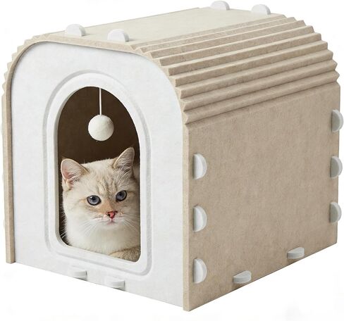 Thick Felt Cat House with Hanging Ball Toy, Foldable Washable Cat Bed for Indoor Cats (Camel) in Kuwait