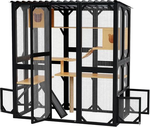 Outdoor Catio for Indoor Cats, Themed Kitty Enclosure with Window Access, Weatherproof Outdoor Cat House with Elevated Platform, Suitable for Yard and Patio Use, Black in Kuwait