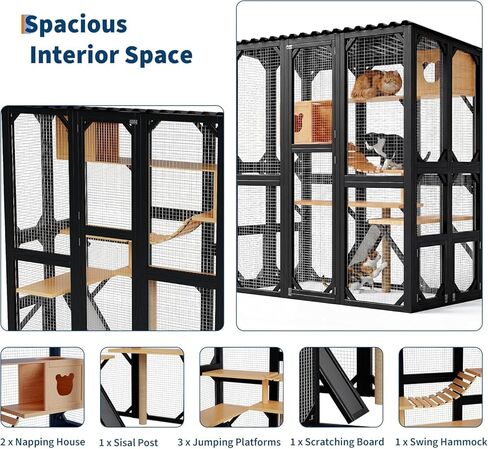 Outdoor Catio for Indoor Cats, Themed Kitty Enclosure with Window Access, Weatherproof Outdoor Cat House with Elevated Platform, Suitable for Yard and Patio Use, Black in Kuwait