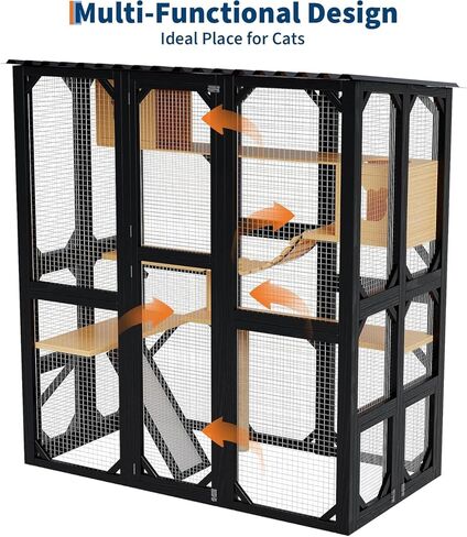 Outdoor Catio for Indoor Cats, Themed Kitty Enclosure with Window Access, Weatherproof Outdoor Cat House with Elevated Platform, Suitable for Yard and Patio Use, Black in Kuwait