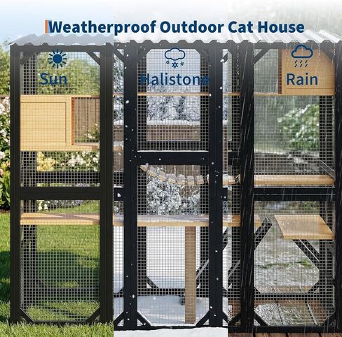 Outdoor Catio for Indoor Cats, Themed Kitty Enclosure with Window Access, Weatherproof Outdoor Cat House with Elevated Platform, Suitable for Yard and Patio Use, Black in Kuwait