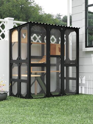 Outdoor Catio for Indoor Cats, Themed Kitty Enclosure with Window Access, Weatherproof Outdoor Cat House with Elevated Platform, Suitable for Yard and Patio Use, Black in Kuwait
