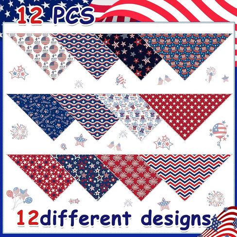 12Pcs 4th of July Dog Bandana Bulk American Patriotic Dog Bandana Adjustable Triangle Reversible Pet Accessories Independence Day Puppy Scarf for Small Medium Large Dogs Cats Memorial Day Supply in Kuwait