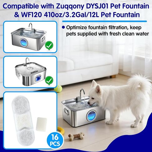 16+16 PCS Dog Water Fountain Filter Replacement Compatible with Zuqqony DYSJ01 Dog Water Bowl Dispenser & WF120 410oz/3.2Gal/12L Pet Fountain, Multi-stage Filtration (16 Filters & 16 Sponges) in Kuwait