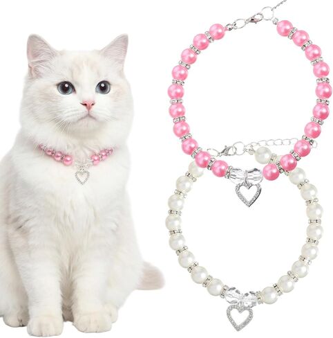 Nogeqi 2 Pcs Pearl Cat Collar, Cute Cat Collar with Small Heart Shape Rhinestone, Pearl Dog Collar, Kitten Collar,Pet Jewelry Accessories for Puppy Small Cats(White, Rose Red) in Kuwait