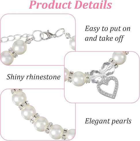 Nogeqi 2 Pcs Pearl Cat Collar, Cute Cat Collar with Small Heart Shape Rhinestone, Pearl Dog Collar, Kitten Collar,Pet Jewelry Accessories for Puppy Small Cats(White, Rose Red) in Kuwait
