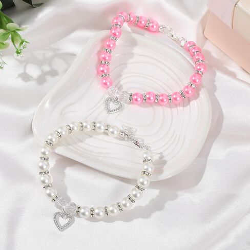 Nogeqi 2 Pcs Pearl Cat Collar, Cute Cat Collar with Small Heart Shape Rhinestone, Pearl Dog Collar, Kitten Collar,Pet Jewelry Accessories for Puppy Small Cats(White, Rose Red) in Kuwait