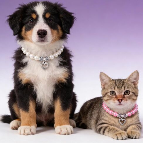 Nogeqi 2 Pcs Pearl Cat Collar, Cute Cat Collar with Small Heart Shape Rhinestone, Pearl Dog Collar, Kitten Collar,Pet Jewelry Accessories for Puppy Small Cats(White, Rose Red) in Kuwait