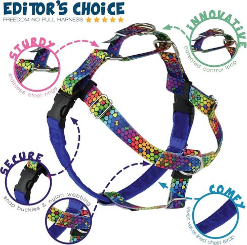 2 Hounds Design - Freedom No-Pull Harness & Training Leash in Blue and Rainbow | Dual Leash Loops, No Pulling on Walks | Lined to Prevent Chaffing | for Large Sized Dogs (Size M, Chest 24"- 28") in Kuwait