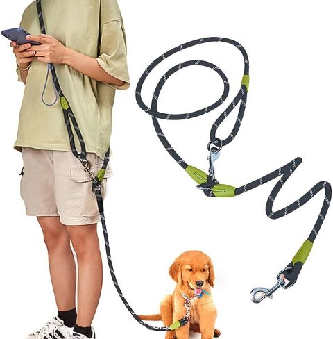 1.2CM Hands Free Crossbody Dog Leash, Reflective Thick Nylon Double Lead Rope, Heavy Duty Pet Running Walking Training Belt for Small Medium Large Dogs, Black in Kuwait