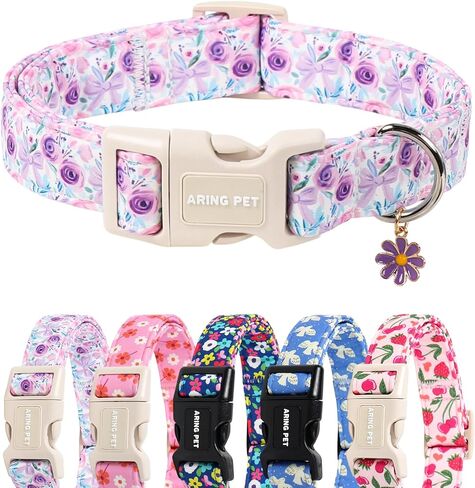 ARING PET Girl Dog Collar, Cute Spring Summer Purple Rose Floral Bow Pet Collars for Puppy Small Medium Large Female Dogs-S, for Daily Outdoor Walking Training in Saudi Arabia