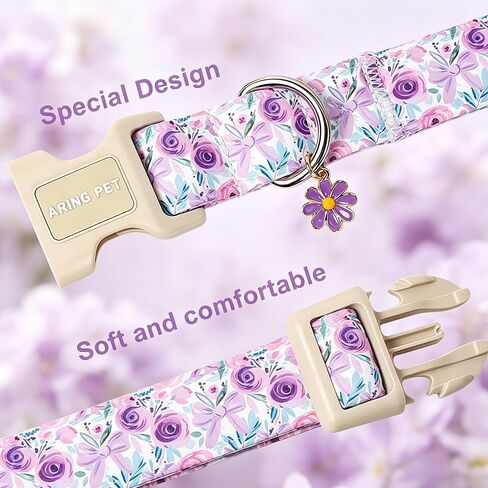 ARING PET Girl Dog Collar, Cute Spring Summer Purple Rose Floral Bow Pet Collars for Puppy Small Medium Large Female Dogs-S, for Daily Outdoor Walking Training in Saudi Arabia
