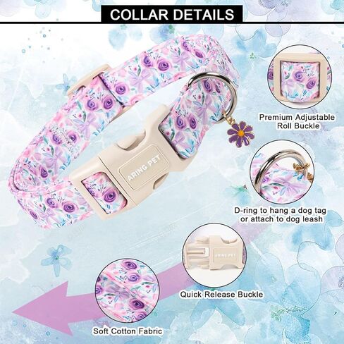 ARING PET Girl Dog Collar, Cute Spring Summer Purple Rose Floral Bow Pet Collars for Puppy Small Medium Large Female Dogs-S, for Daily Outdoor Walking Training in Saudi Arabia