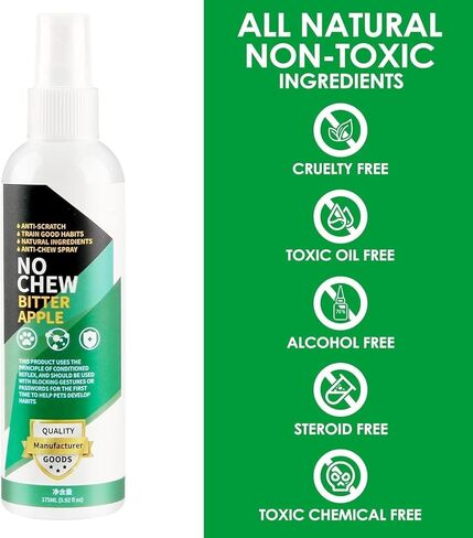 No Chew Bitter Apple Spray for Dogs & Cats, Natural Alcohol-Free Anti-Chew Spray to Stop Chewing, Licking & Biting, Furniture & Wound Safe Pet Behavior Training Spray, 5.92 fl oz in Kuwait