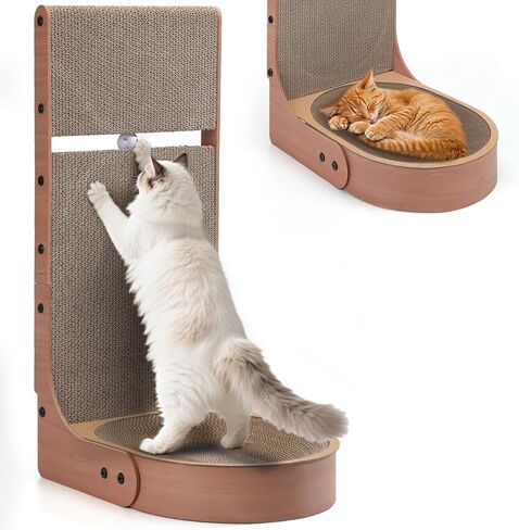 Cat Scratcher, 2 in 1 Multifunctional 26.8 Inch L Shape Cat Scratch Pad Wall Mounted with Oval Cat Scratcher Bed Bowl and Built-in Toy Balls in Kuwait