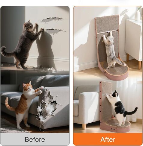 Cat Scratcher, 2 in 1 Multifunctional 26.8 Inch L Shape Cat Scratch Pad Wall Mounted with Oval Cat Scratcher Bed Bowl and Built-in Toy Balls in Kuwait