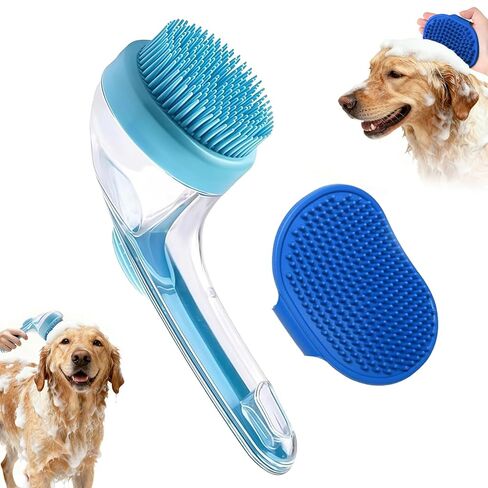 Pet Bath Brush, 2Pcs Dog Bath Brush 2 in 1 Dog Shampoo Brush with Built-in Soap Dispenser for Showering Long Short Haired Dogs Cats (Blue) in Kuwait