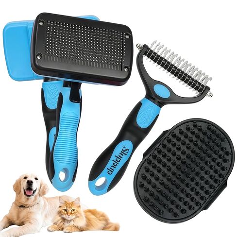 Blue Pet Grooming Kit 3Pcs Self-Cleaning Slicker Brush for Dogs&Cats Double-Sided Dematting&Deshedding Comb Dog Bath Massage Brush Professional Grooming Tools for Short&Long Hair Pets in Kuwait