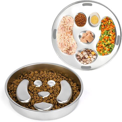 Stainless Steel Slow Feed Dog Bowl, 2 Pack Metal Slow Feeder Dog Bowls & Lick Bowl Plate, 2 Cups Double-Sided Non-Slip Small Medium Fast Eaters Puppy Puzzle Maze Slow Eating Dish for Dry Wet Raw Food in Kuwait