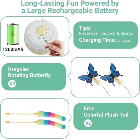 Interactive Cat Toy for Indoor Cats, Rechargeable Touch Activated Kitten Toy with Dual Motion Butterfly & Feather Tail, 3 Speed Automatic Smart Play for Exercise & Boredom Relief in Kuwait
