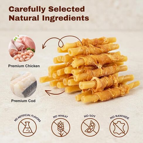 PETPHABET Chicken Wrapped Cod Sticks Dog Treats - 5 Inch Healthy Jerky Rawhide Free Dog Chews, Soft Puppy Training Snacks for Small, Medium, Large Dogs, Rich in Omega-3, High Protein & Low Fat, 14oz in Kuwait