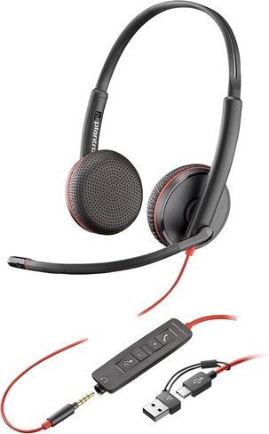 سماعة رأس سلكية Poly Blackwire 3225 (Plantronics) - ميكروفون مانع للضوضاء - تصميم استريو - يمكن توصيلها بجهاز الكمبيوتر/Mac/الهاتف المحمول عبر USB-C، أو USB-A، أو 3.5 مم - تعمل مع فرق، Zoom - حصريًا لأمازون in Kuwait