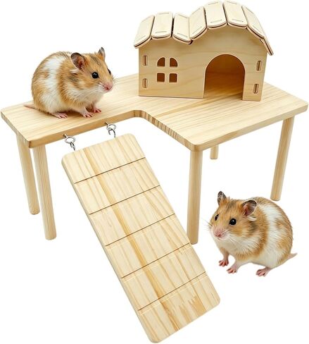 2 Pcs Wooden Hamster Platform Set, Hamster Wooden House Hideout, with Detachable Ladder Bridge, Climbing Toys, Cage Accessories, Small Animals Habitat Decor for Rat Gerbils and Other Small Pets in Kuwait