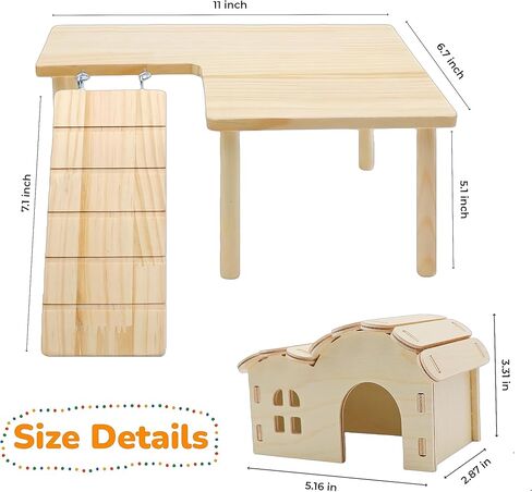 2 Pcs Wooden Hamster Platform Set, Hamster Wooden House Hideout, with Detachable Ladder Bridge, Climbing Toys, Cage Accessories, Small Animals Habitat Decor for Rat Gerbils and Other Small Pets in Kuwait