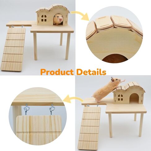 2 Pcs Wooden Hamster Platform Set, Hamster Wooden House Hideout, with Detachable Ladder Bridge, Climbing Toys, Cage Accessories, Small Animals Habitat Decor for Rat Gerbils and Other Small Pets in Kuwait