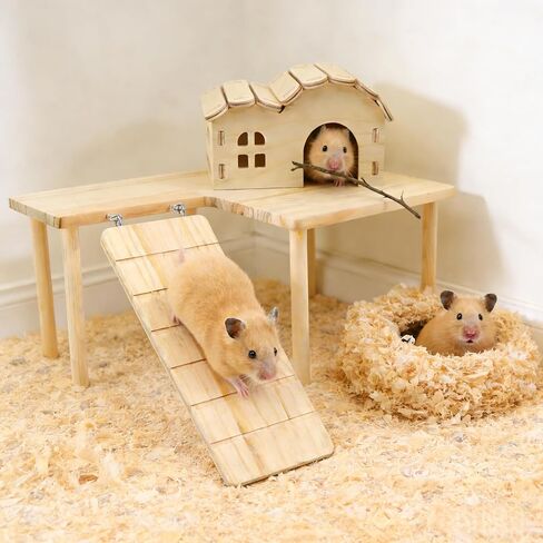 2 Pcs Wooden Hamster Platform Set, Hamster Wooden House Hideout, with Detachable Ladder Bridge, Climbing Toys, Cage Accessories, Small Animals Habitat Decor for Rat Gerbils and Other Small Pets in Kuwait