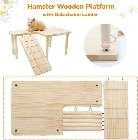 2 Pcs Wooden Hamster Platform Set, Hamster Wooden House Hideout, with Detachable Ladder Bridge, Climbing Toys, Cage Accessories, Small Animals Habitat Decor for Rat Gerbils and Other Small Pets in Kuwait