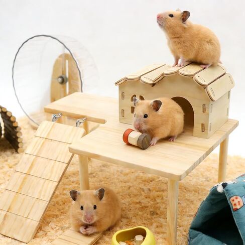 2 Pcs Wooden Hamster Platform Set, Hamster Wooden House Hideout, with Detachable Ladder Bridge, Climbing Toys, Cage Accessories, Small Animals Habitat Decor for Rat Gerbils and Other Small Pets in Kuwait