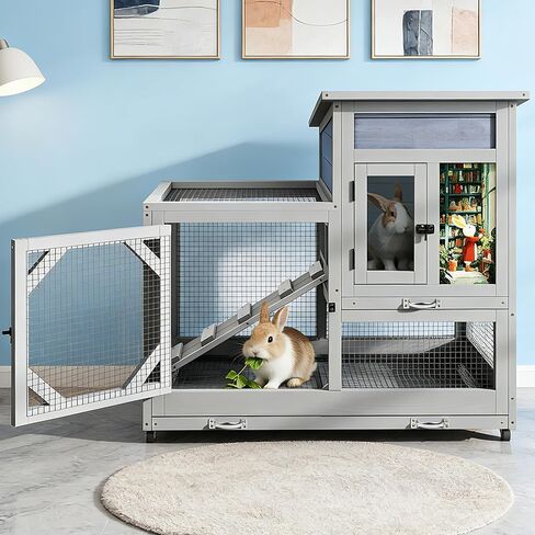COZIWOW Rabbit Hutch Indoor Outdoor with No-Spill Design, 2 Wire Floors & Removable Trays, 2-Story Large Wooden Bunny Cage on Wheels, Chewproof Ramp for Multiple Small Animals, Gray in Saudi Arabia