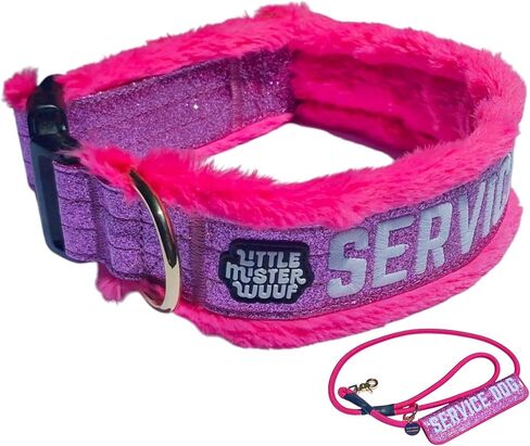 Service Dog Collar, Leash & Wrap Set – Pink Sparkly Minky – Adjustable for Medium & Large Dogs – Durable Statement Design for Dogs that Stand Out (L:19–21") in Kuwait